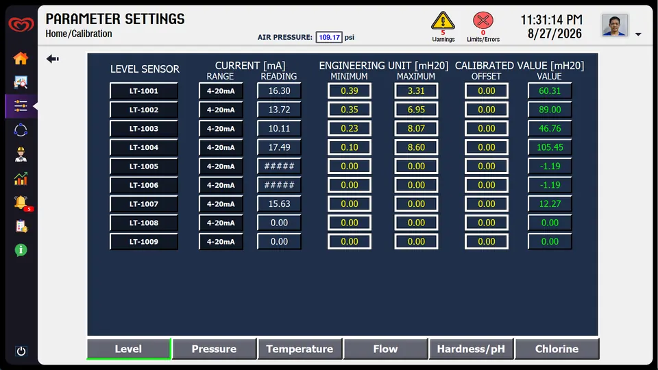 WinCC — level sensor calibration screen